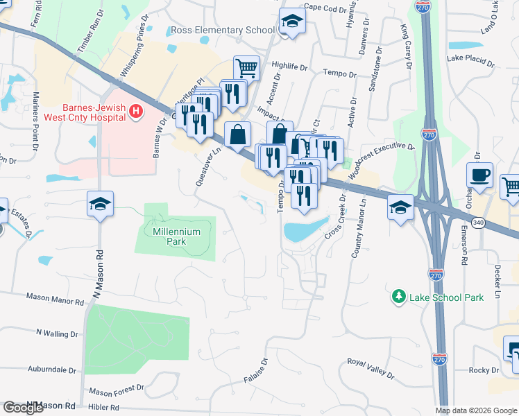 map of restaurants, bars, coffee shops, grocery stores, and more near 12533 Lighthouse Way Drive in Creve Coeur