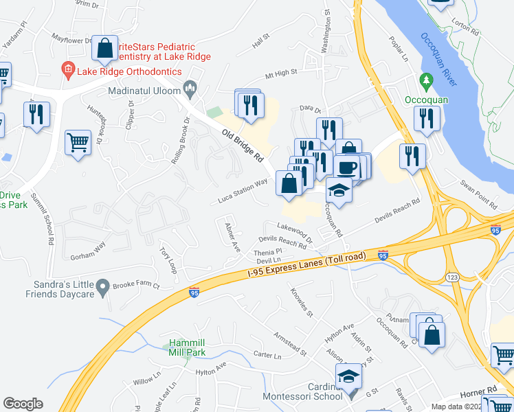 map of restaurants, bars, coffee shops, grocery stores, and more near 1660 Georges Knoll Court in Woodbridge