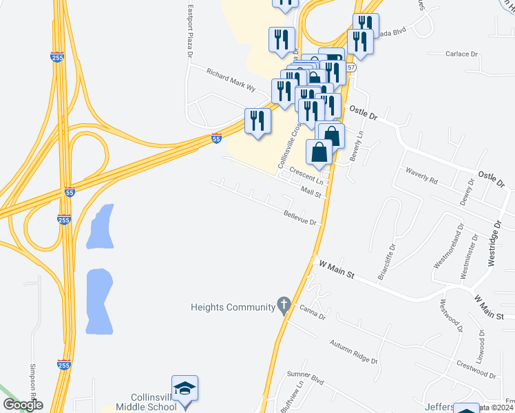 map of restaurants, bars, coffee shops, grocery stores, and more near 41 Bellevue Drive in Collinsville