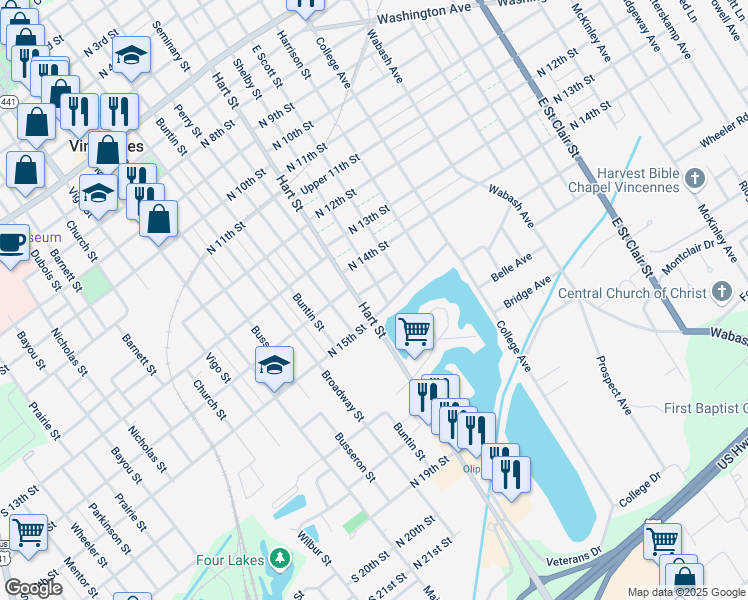 map of restaurants, bars, coffee shops, grocery stores, and more near 402 N 15th St in Vincennes