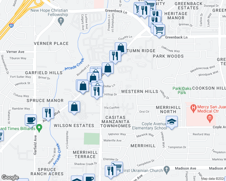 map of restaurants, bars, coffee shops, grocery stores, and more near 5842 Alorn Lane in Carmichael