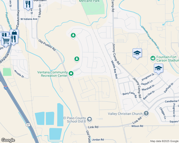 map of restaurants, bars, coffee shops, grocery stores, and more near 7407 Benecia Drive in Fountain
