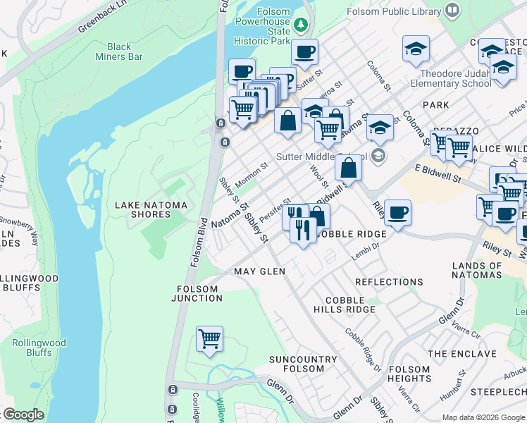 map of restaurants, bars, coffee shops, grocery stores, and more near 1006 Bidwell Street in Folsom
