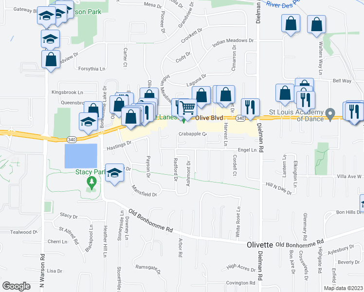 map of restaurants, bars, coffee shops, grocery stores, and more near 9609 Ashmont Drive in Olivette