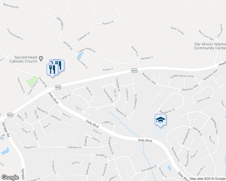 map of restaurants, bars, coffee shops, grocery stores, and more near 12998 Taxi Drive in Woodbridge