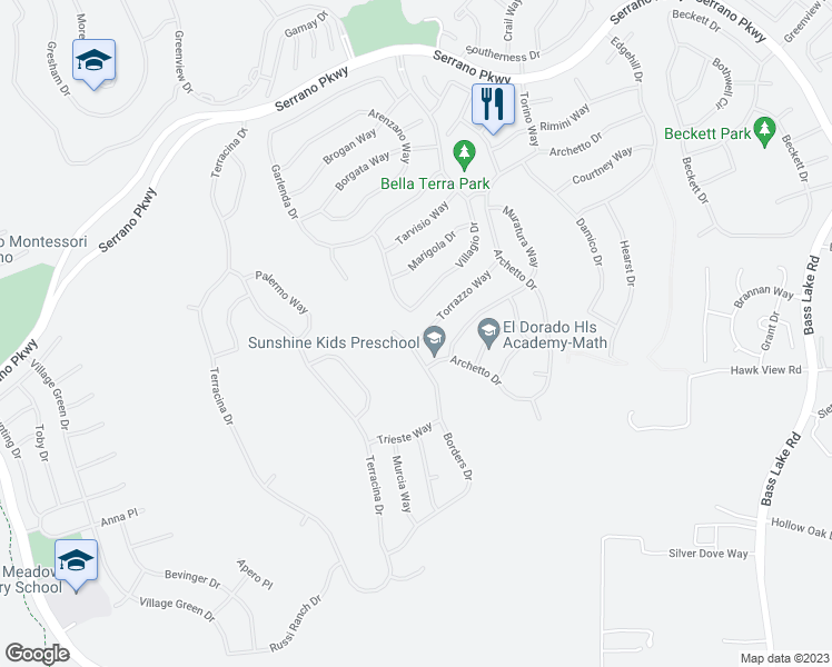 map of restaurants, bars, coffee shops, grocery stores, and more near 4206 Torrazzo Way in El Dorado Hills