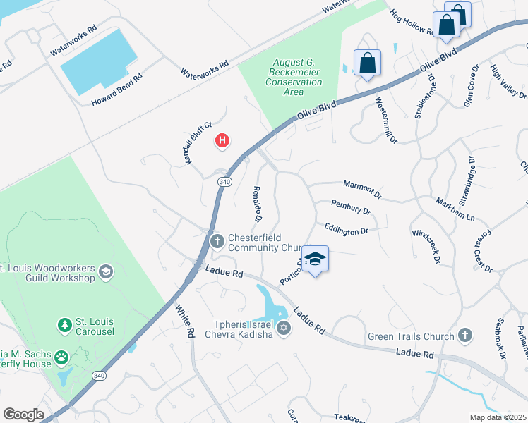 map of restaurants, bars, coffee shops, grocery stores, and more near 238 Renaldo Drive in Chesterfield
