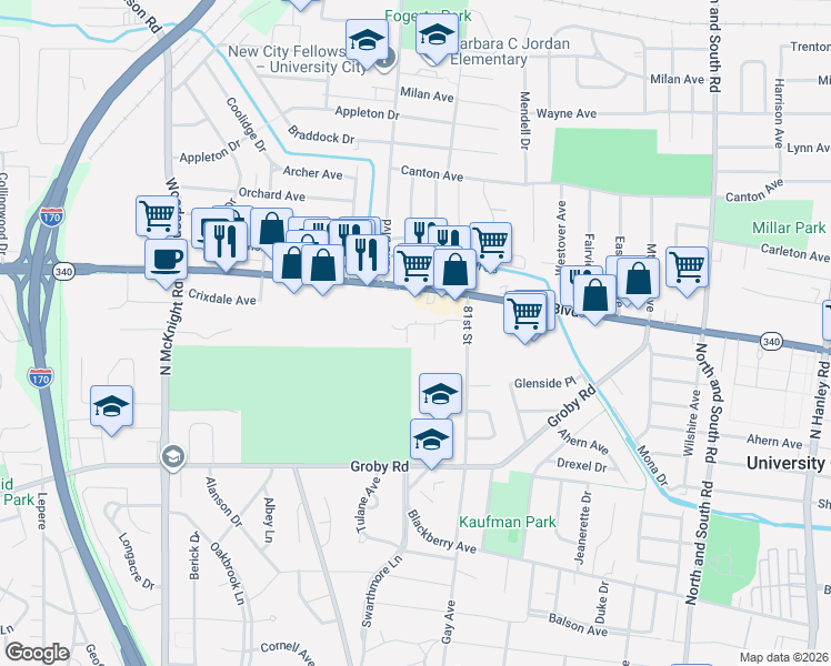map of restaurants, bars, coffee shops, grocery stores, and more near 8230 Swarthmore Court in University City
