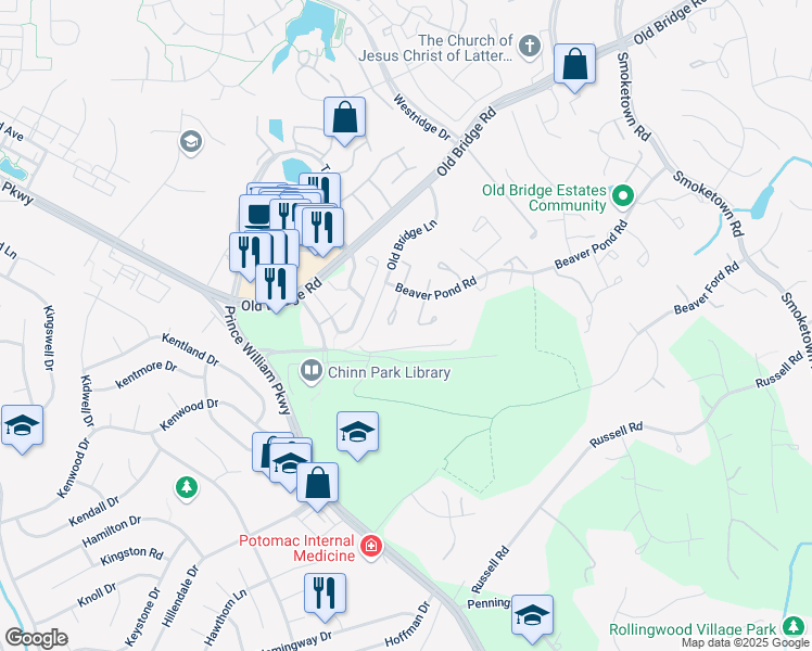 map of restaurants, bars, coffee shops, grocery stores, and more near 12948 Augustus Court in Woodbridge