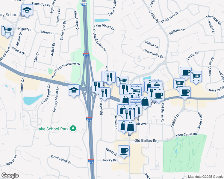 map of restaurants, bars, coffee shops, grocery stores, and more near 975 West Rue De La Banque in St. Louis
