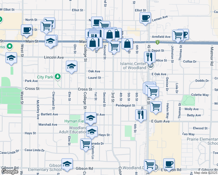 map of restaurants, bars, coffee shops, grocery stores, and more near 710 Cross Street in Woodland