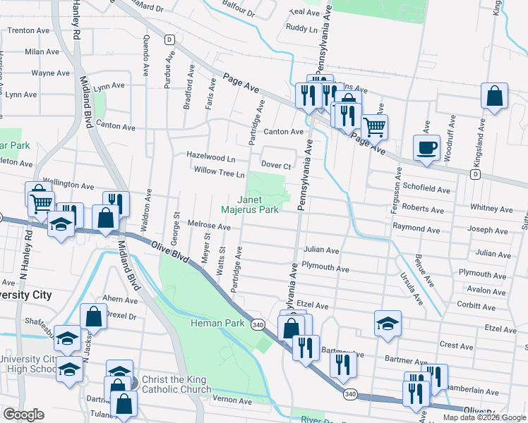 map of restaurants, bars, coffee shops, grocery stores, and more near 7060 Melrose Avenue in University City