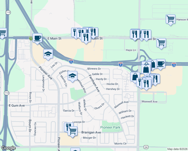 map of restaurants, bars, coffee shops, grocery stores, and more near 1848 Gable Drive in Woodland