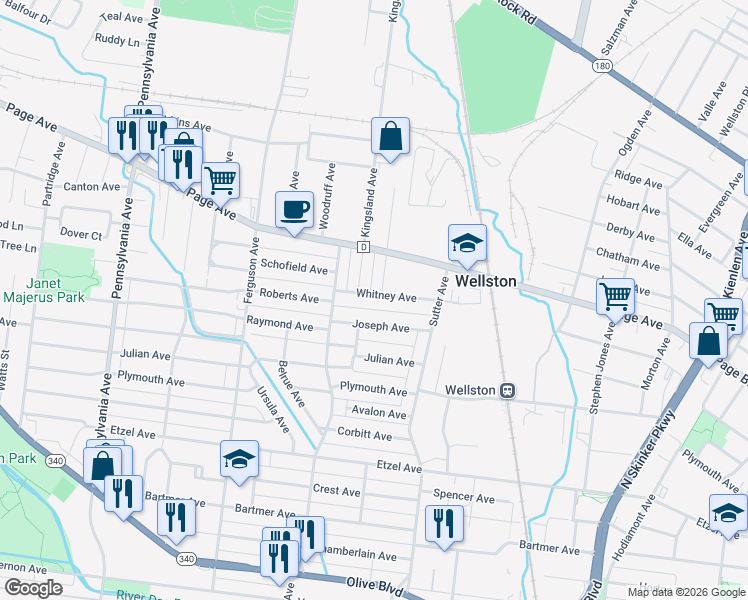 map of restaurants, bars, coffee shops, grocery stores, and more near 6545 Joseph Avenue in St. Louis