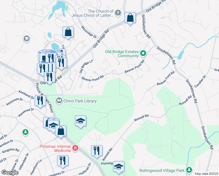 map of restaurants, bars, coffee shops, grocery stores, and more near 13000 Chinn Park Drive in Woodbridge