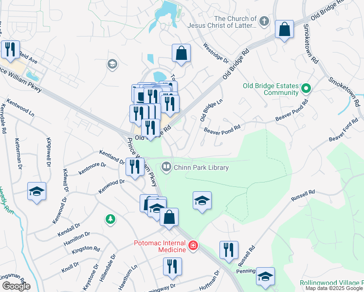 map of restaurants, bars, coffee shops, grocery stores, and more near 4086 Cressida Place in Woodbridge