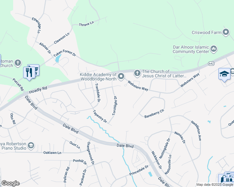 map of restaurants, bars, coffee shops, grocery stores, and more near 12967 Torchlight Drive in Woodbridge