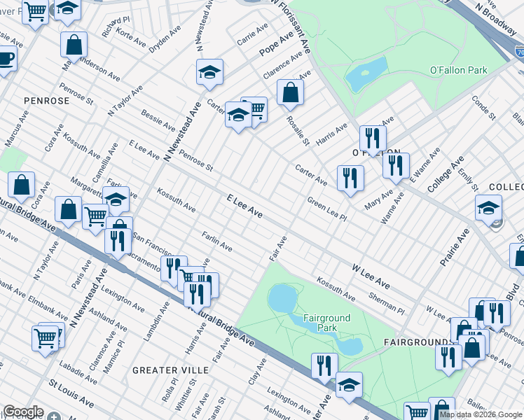 map of restaurants, bars, coffee shops, grocery stores, and more near 4126 Lee Avenue in St. Louis
