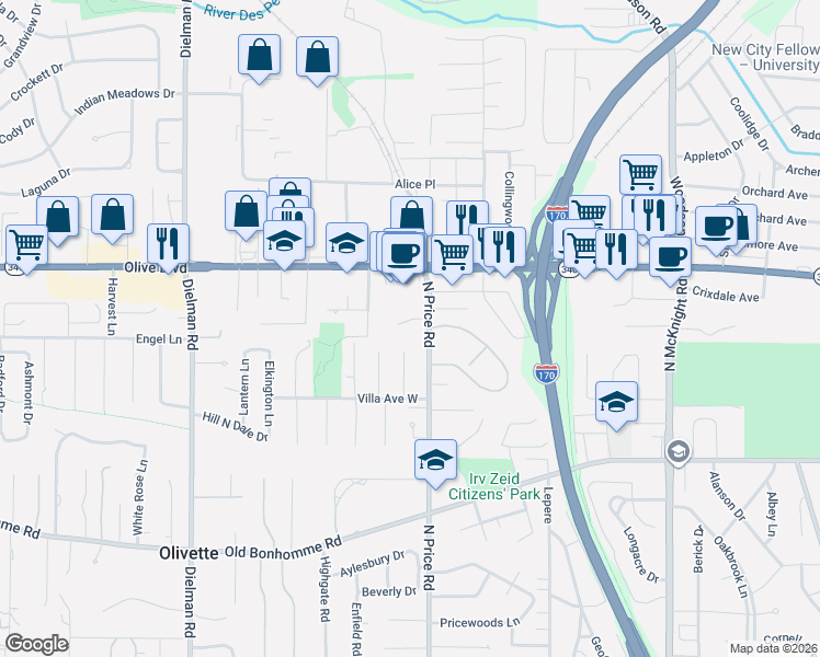 map of restaurants, bars, coffee shops, grocery stores, and more near 8 Price Meadows Drive in Olivette