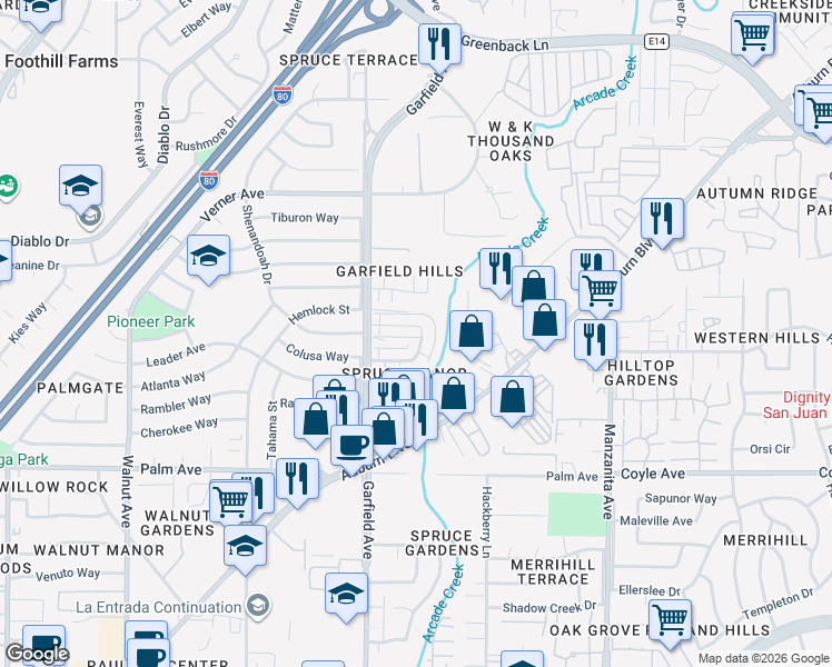 map of restaurants, bars, coffee shops, grocery stores, and more near 5555 Keoncrest Circle in Sacramento