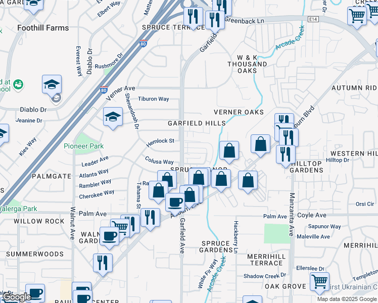 map of restaurants, bars, coffee shops, grocery stores, and more near 5587 Keoncrest Circle in Sacramento