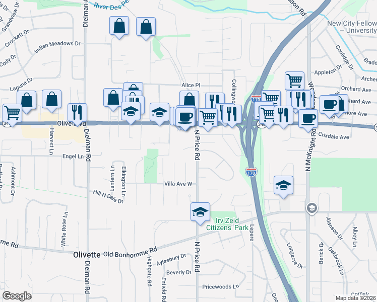 map of restaurants, bars, coffee shops, grocery stores, and more near 8 Price Meadows Drive in Olivette