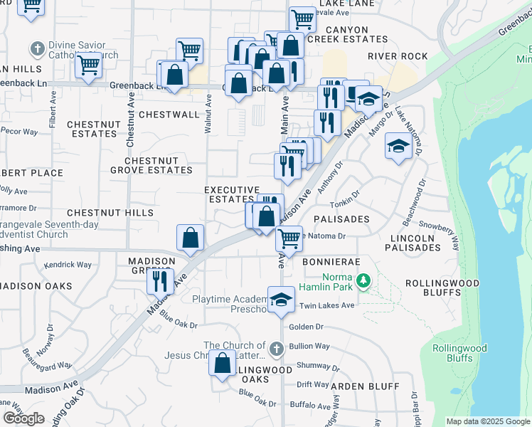 map of restaurants, bars, coffee shops, grocery stores, and more near 9364 Ridgeside Lane in Orangevale