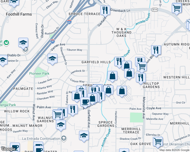 map of restaurants, bars, coffee shops, grocery stores, and more near 5575 Keoncrest Circle in Sacramento