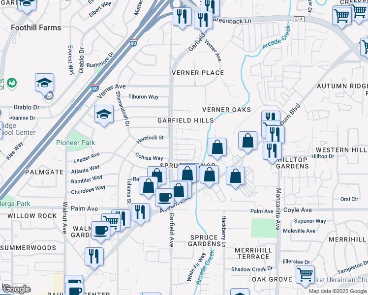 map of restaurants, bars, coffee shops, grocery stores, and more near 5575 Keoncrest Circle in Sacramento