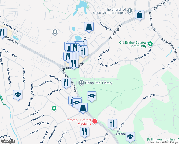 map of restaurants, bars, coffee shops, grocery stores, and more near 4084 Cressida Place in Woodbridge
