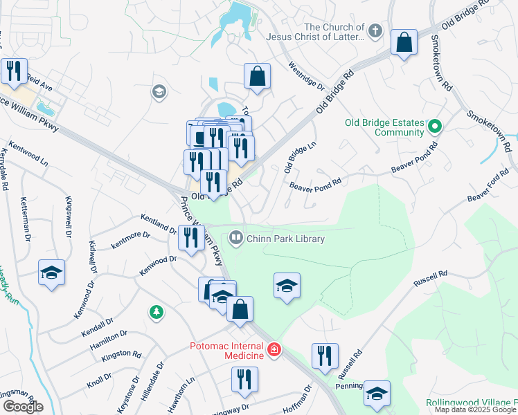 map of restaurants, bars, coffee shops, grocery stores, and more near 4084 Cressida Place in Woodbridge