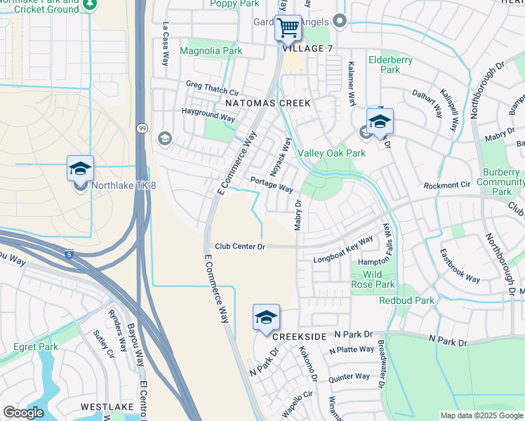 map of restaurants, bars, coffee shops, grocery stores, and more near 5215 Noyack Way in Sacramento