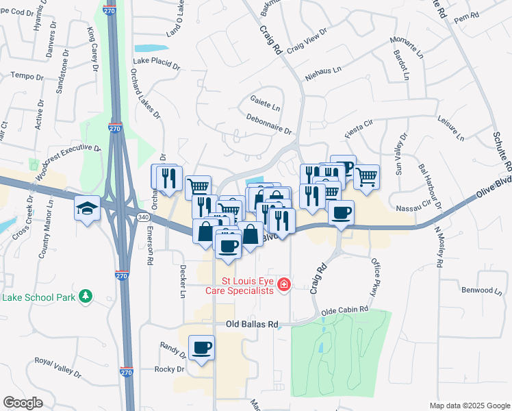 map of restaurants, bars, coffee shops, grocery stores, and more near 3 Cityplace Drive in Creve Coeur