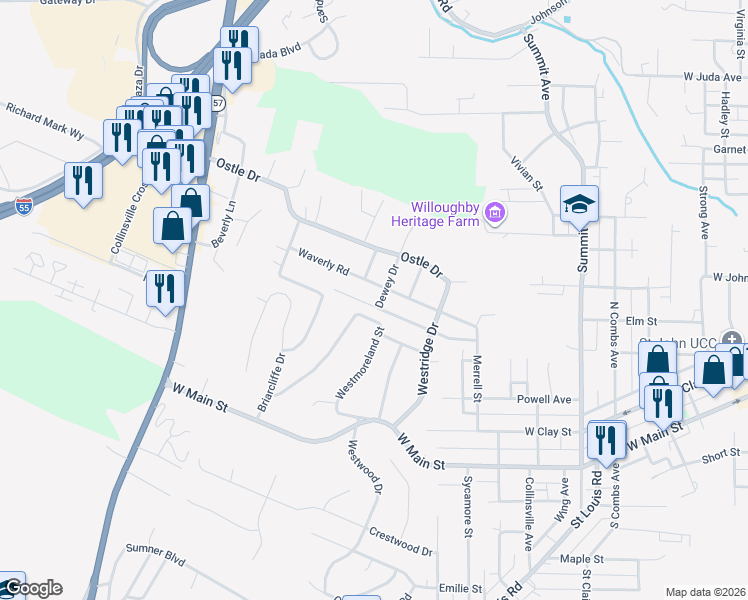 map of restaurants, bars, coffee shops, grocery stores, and more near 101 Dewey Drive in Collinsville