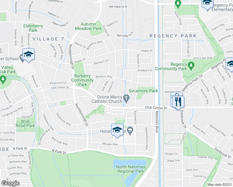 map of restaurants, bars, coffee shops, grocery stores, and more near 5350 Dunlay Drive in Sacramento