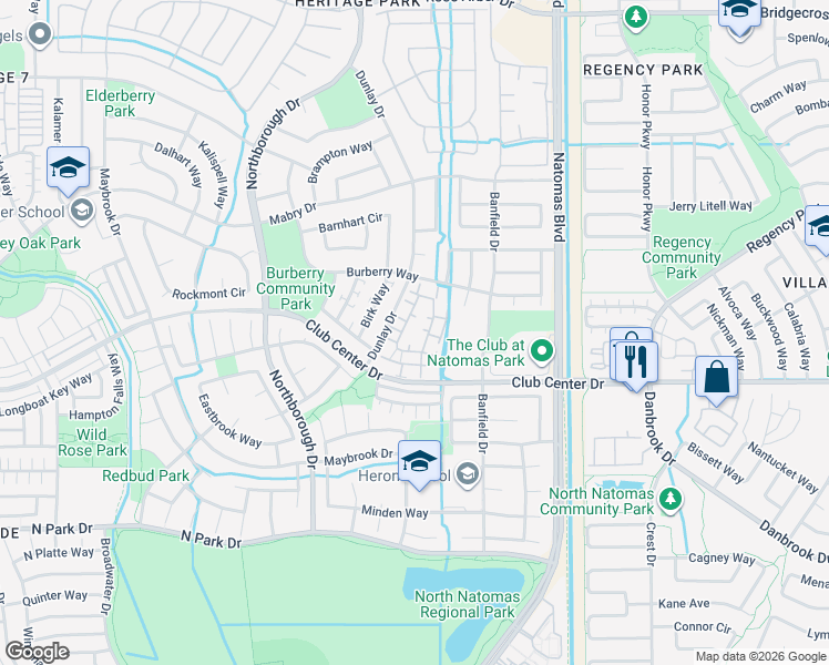 map of restaurants, bars, coffee shops, grocery stores, and more near 5350 Dunlay Drive in Sacramento