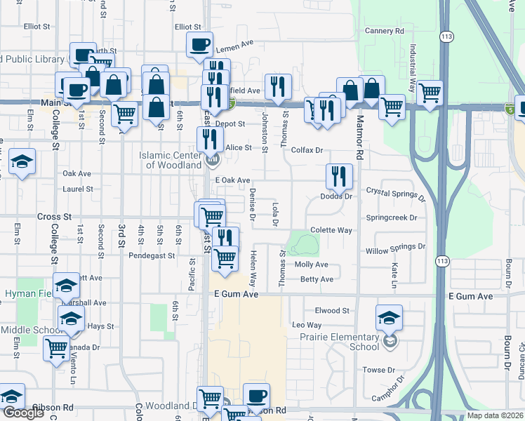 map of restaurants, bars, coffee shops, grocery stores, and more near 613 Denise Drive in Woodland