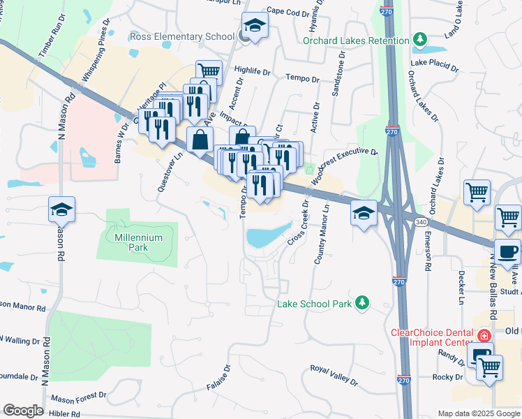map of restaurants, bars, coffee shops, grocery stores, and more near 12320 Olive Boulevard in Creve Coeur