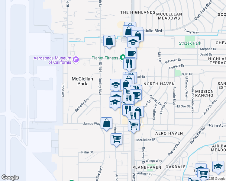map of restaurants, bars, coffee shops, grocery stores, and more near 5800 Skvarla Avenue in McClellan Park