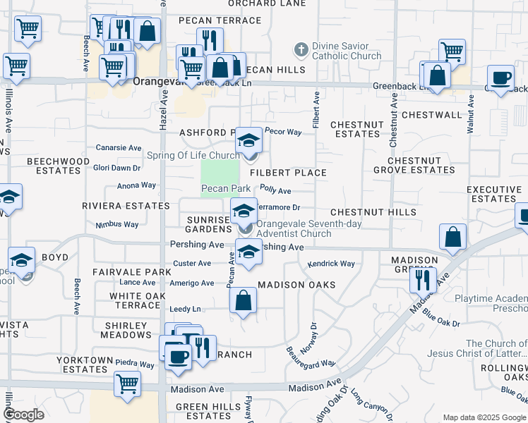 map of restaurants, bars, coffee shops, grocery stores, and more near 9021 Terramore Drive in Orangevale