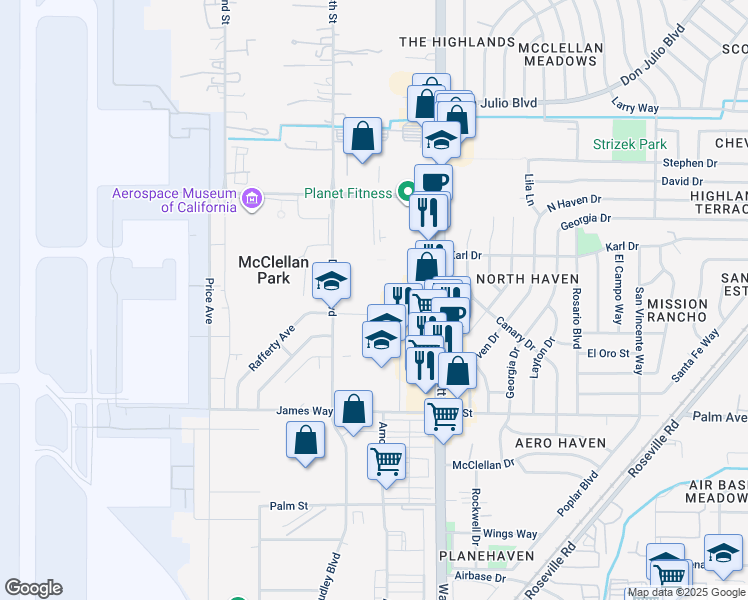 map of restaurants, bars, coffee shops, grocery stores, and more near 5800 Skvarla Avenue in McClellan Park
