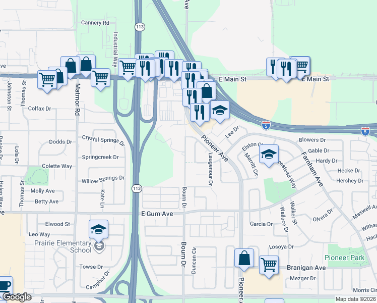 map of restaurants, bars, coffee shops, grocery stores, and more near 673 Bourn Drive in Woodland