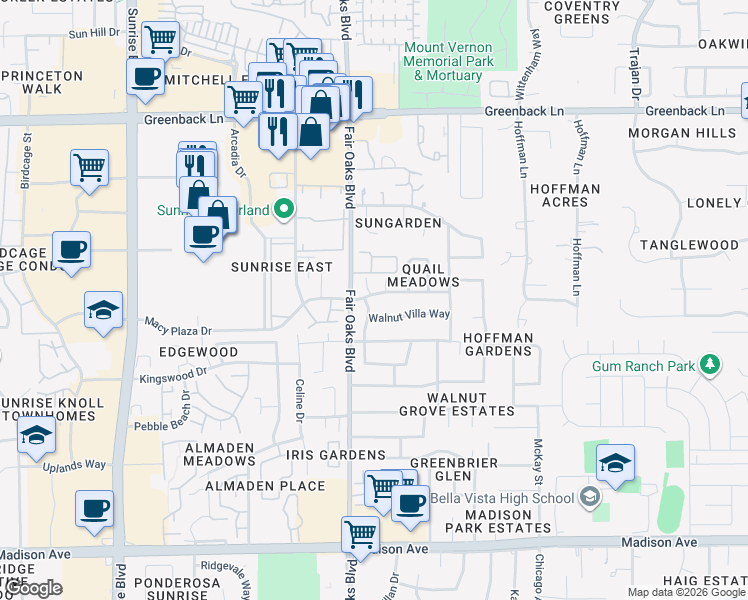 map of restaurants, bars, coffee shops, grocery stores, and more near 5847 Nuthatch Court in Fair Oaks