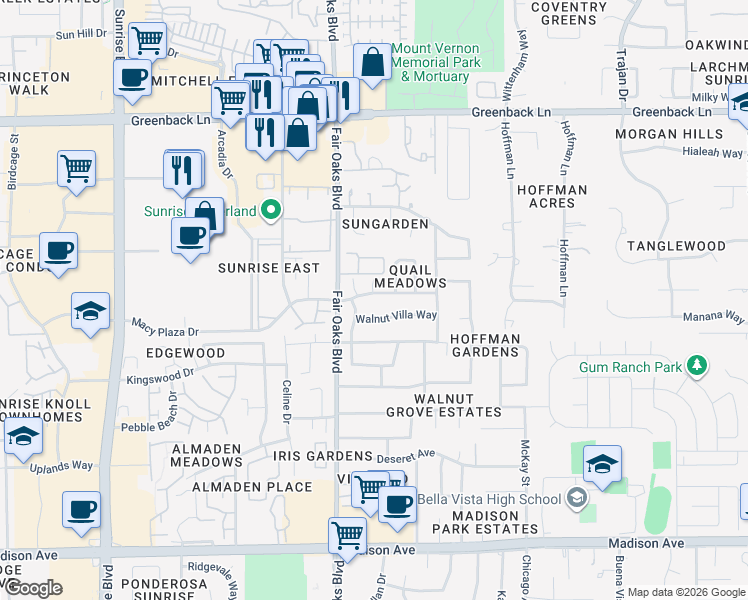 map of restaurants, bars, coffee shops, grocery stores, and more near 5907 Moss Creek Circle in Fair Oaks