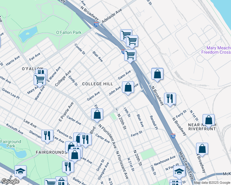 map of restaurants, bars, coffee shops, grocery stores, and more near 1515 East John Avenue in St. Louis