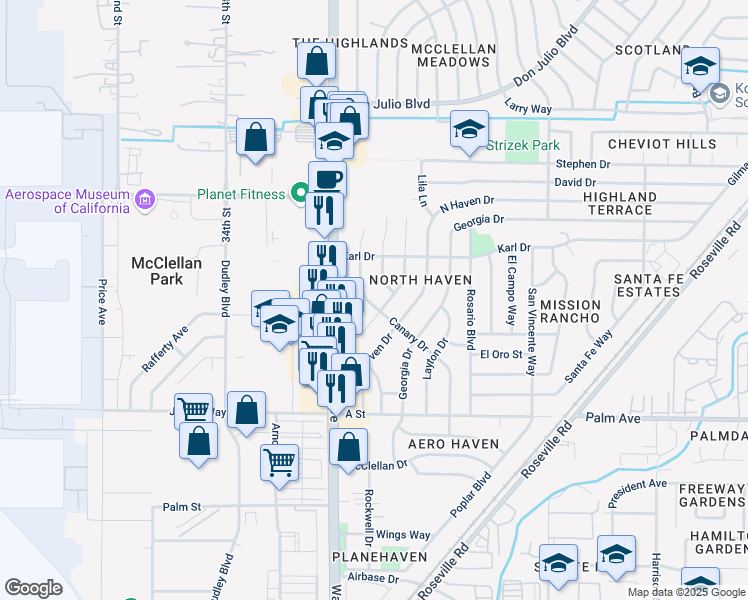 map of restaurants, bars, coffee shops, grocery stores, and more near 5820 Canary Drive in North Highlands