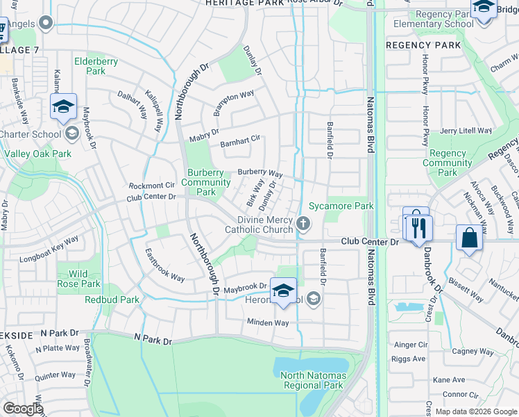map of restaurants, bars, coffee shops, grocery stores, and more near 5384 Birk Way in Sacramento