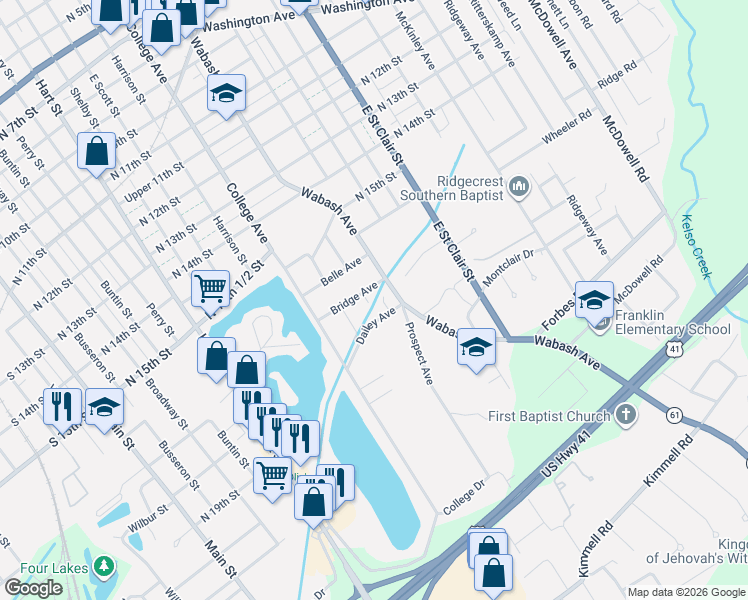map of restaurants, bars, coffee shops, grocery stores, and more near 1208 Bridge Ave in Vincennes