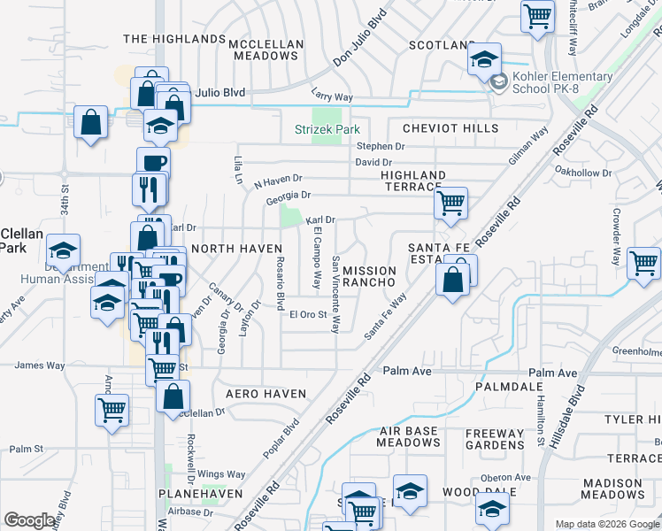 map of restaurants, bars, coffee shops, grocery stores, and more near 5800 San Vincente Way in North Highlands
