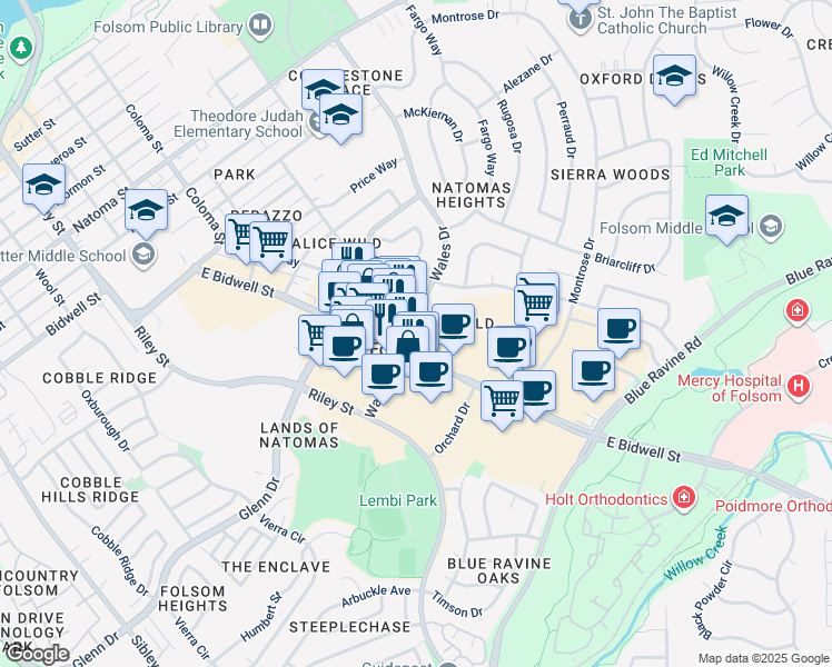 map of restaurants, bars, coffee shops, grocery stores, and more near 648 Duchow Way Bidwell Street Alley in Folsom